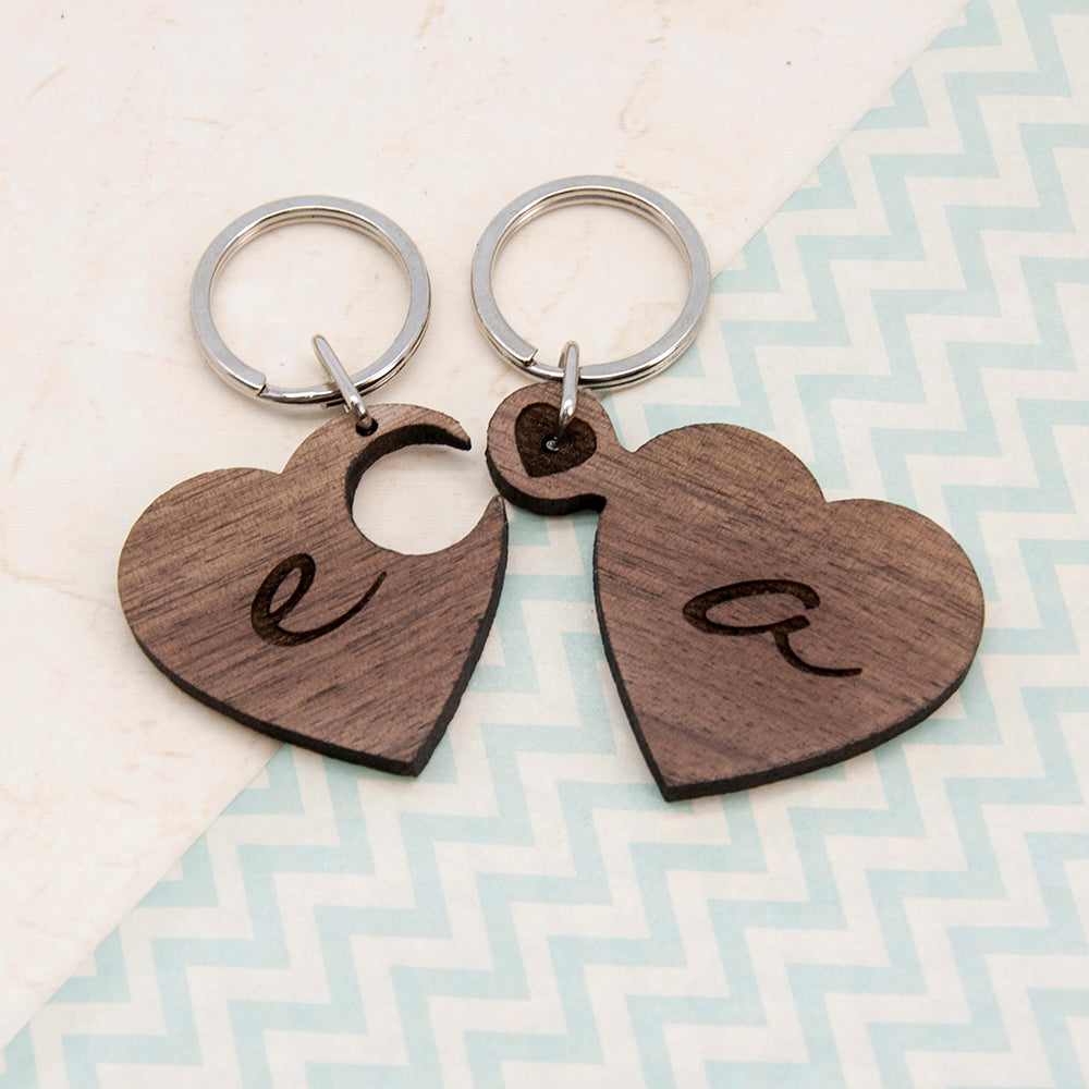 2 Heart Jigsaw Wooden Key Ring - Couple Initials - treat-republic