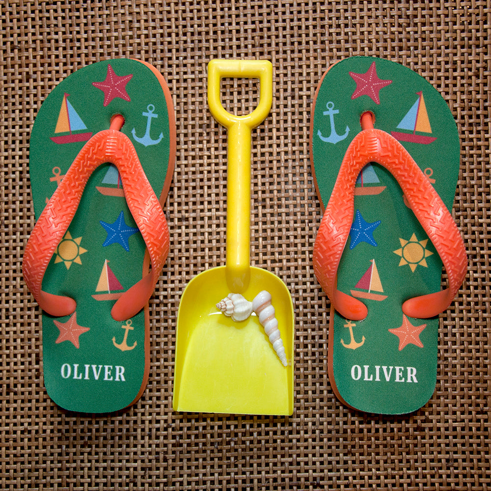 All The Fun At The Beach Child's Personalised Flip Flops In Green - treat-republic