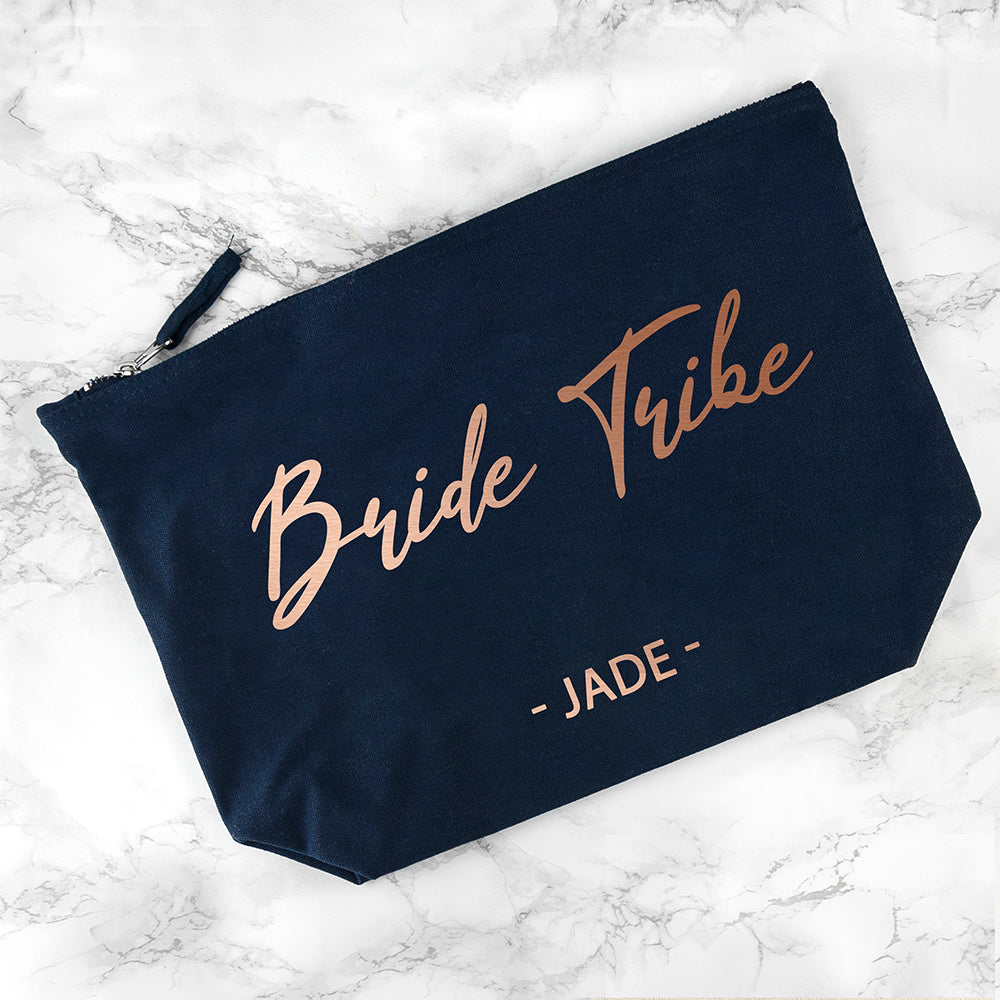 Bride Tribe Personalised Cosmetic Navy Bag In Rose Gold - treat-republic