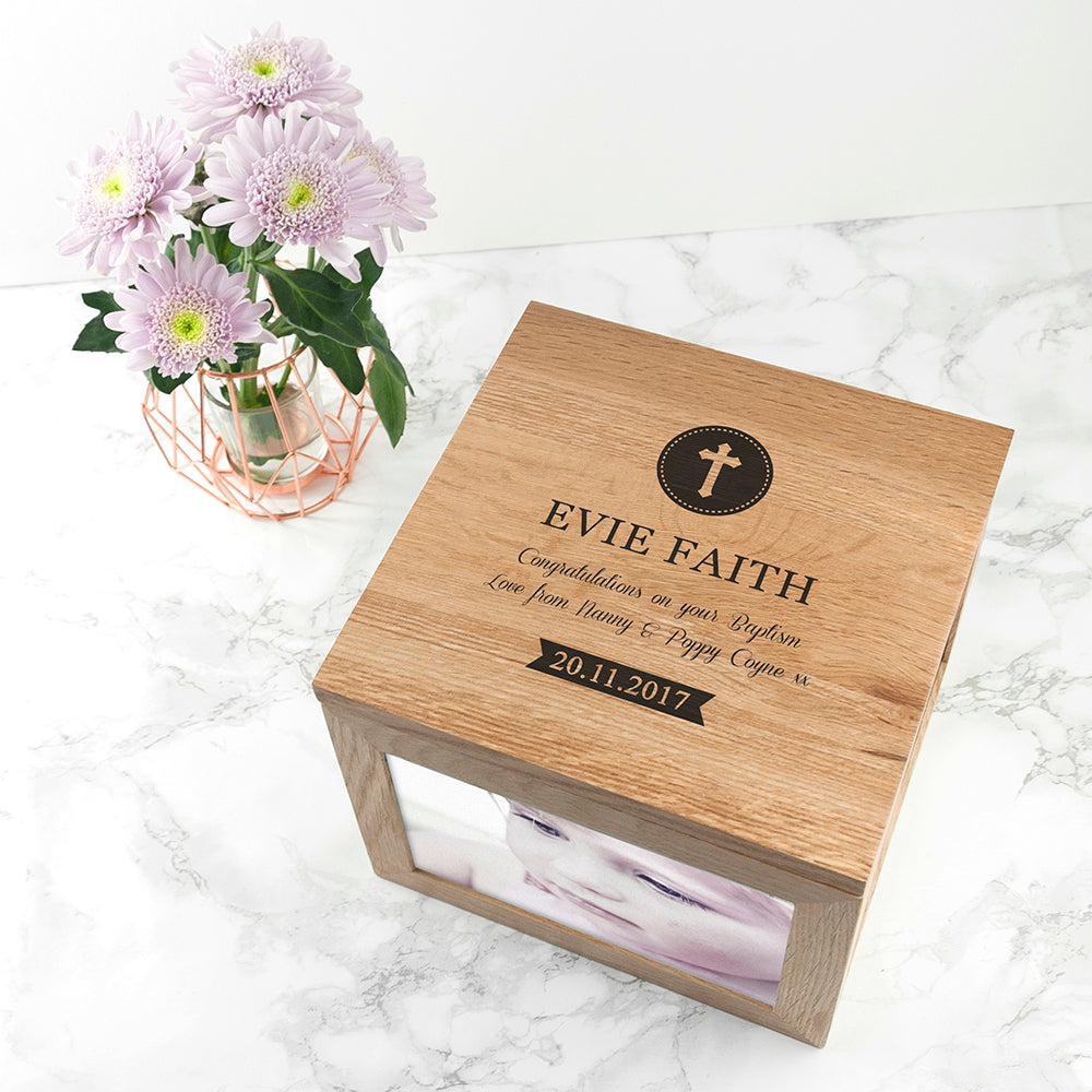 Christening Oak Photo Keepsake Box - treat-republic