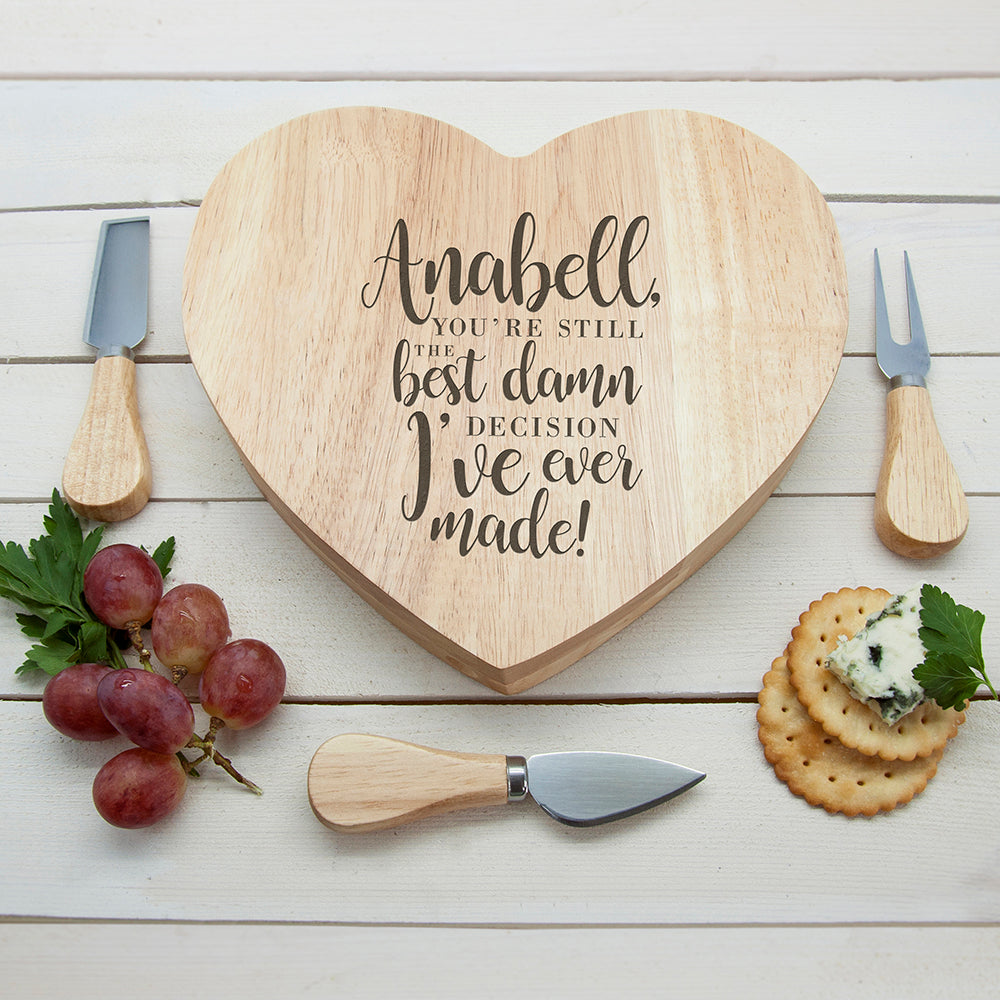 Engraved Valentine's Best Damn Decision Heart Cheese Board - treat-republic