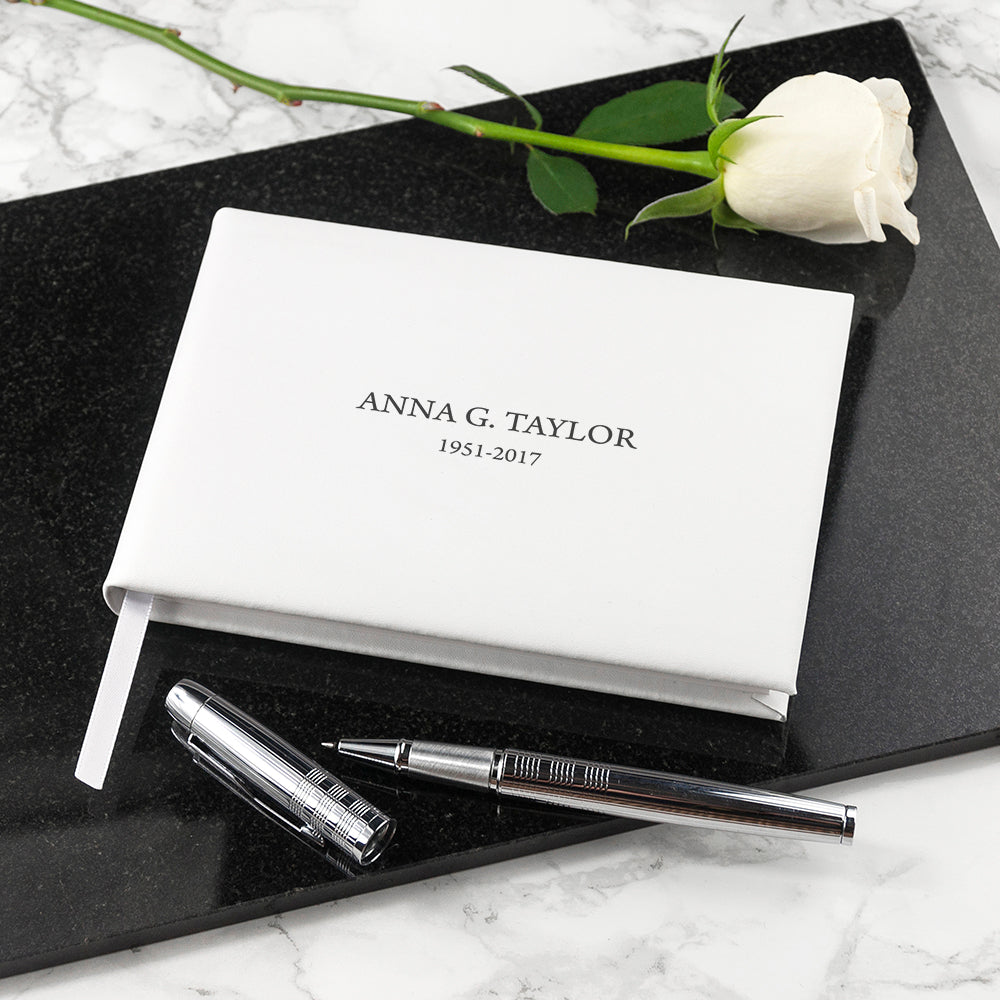 Engraved White Leather Memoriam Book - treat-republic