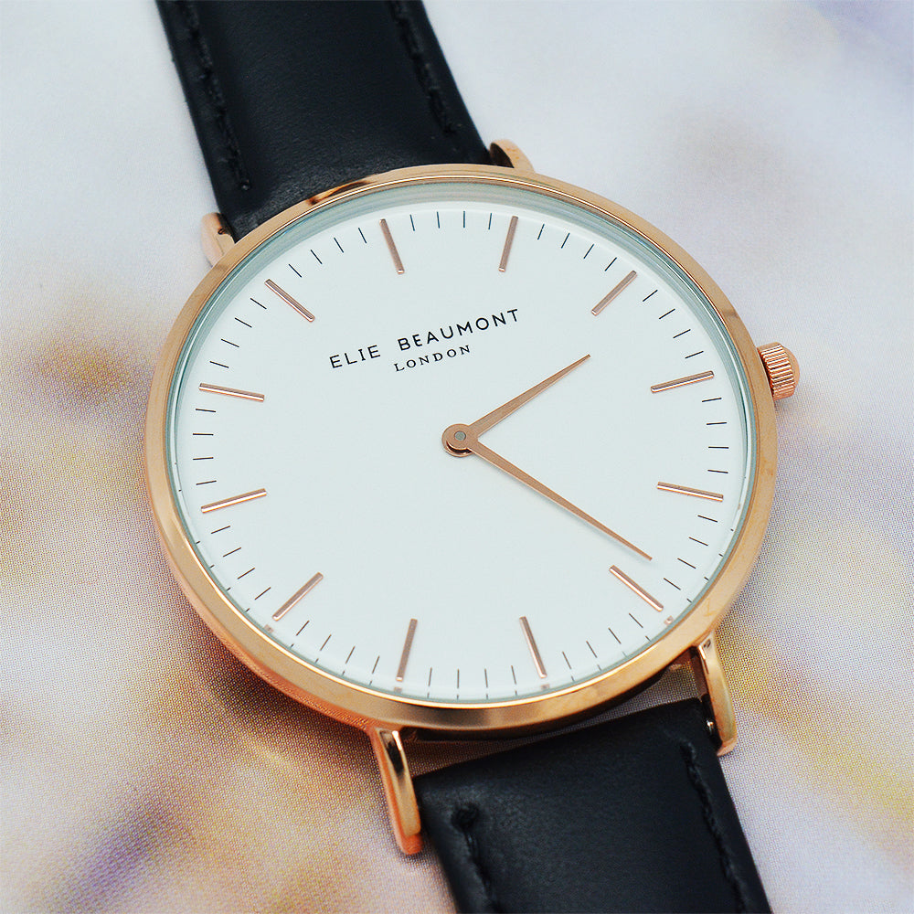 Elie Beaumont Ladies Personalised Leather Watch In Black With White Dial - treat-republic