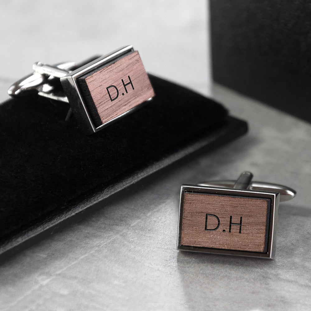 Monogram Engraved Rectangle Walnut Cufflinks - treat-republic