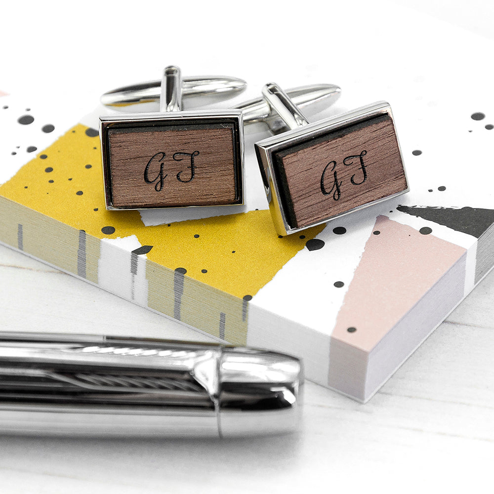 Monogram Engraved Rectangle Walnut Cufflinks - treat-republic