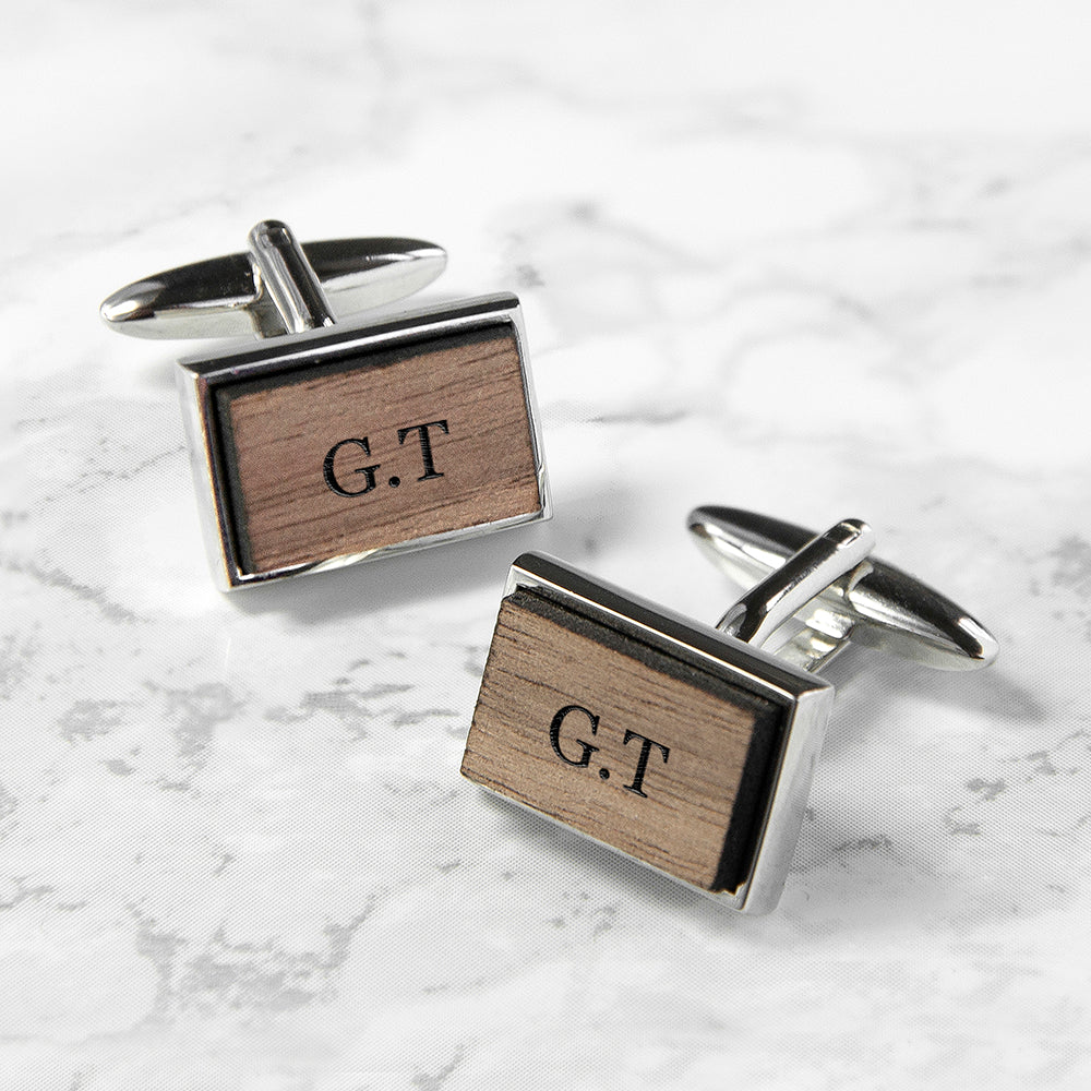 Monogram Engraved Rectangle Walnut Cufflinks - treat-republic