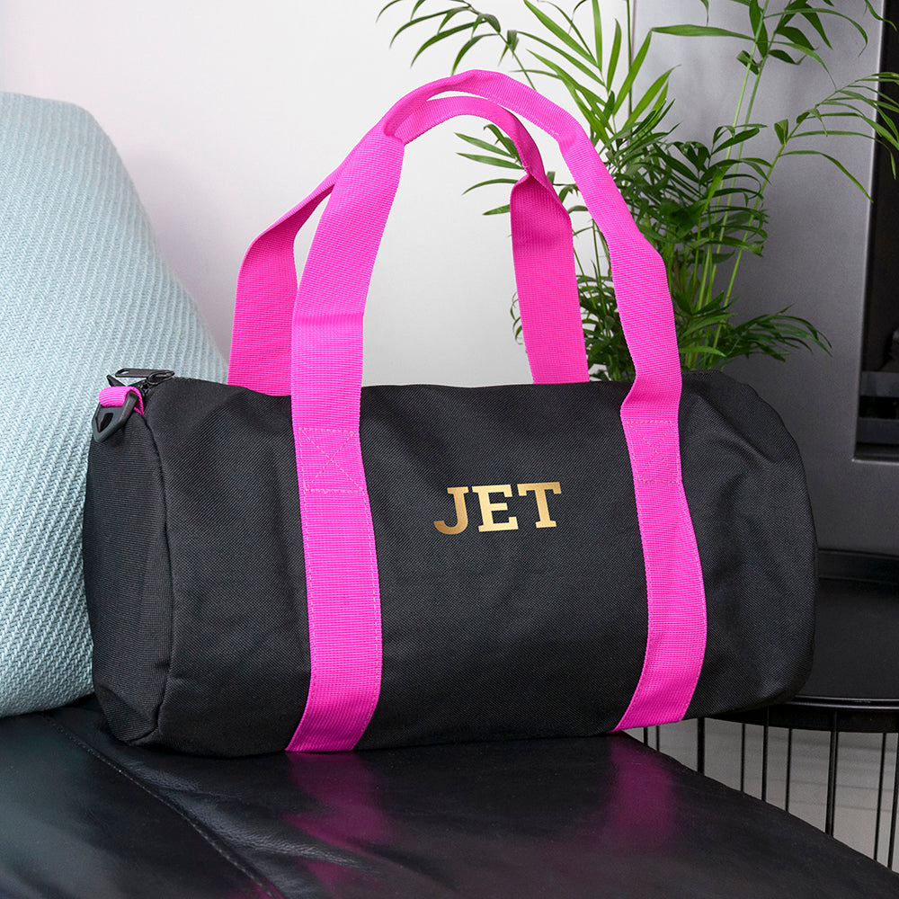 Monogrammed Barrel Gym Bag in Black & Fuchsia - treat-republic