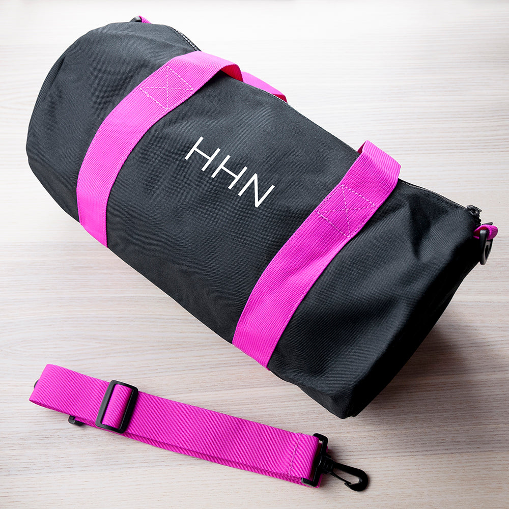 Monogrammed Barrel Gym Bag in Black & Fuchsia - treat-republic