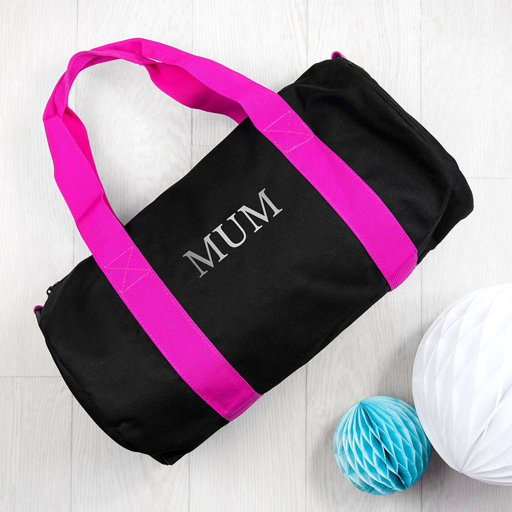 Monogrammed Barrel Gym Bag in Black & Fuchsia - treat-republic