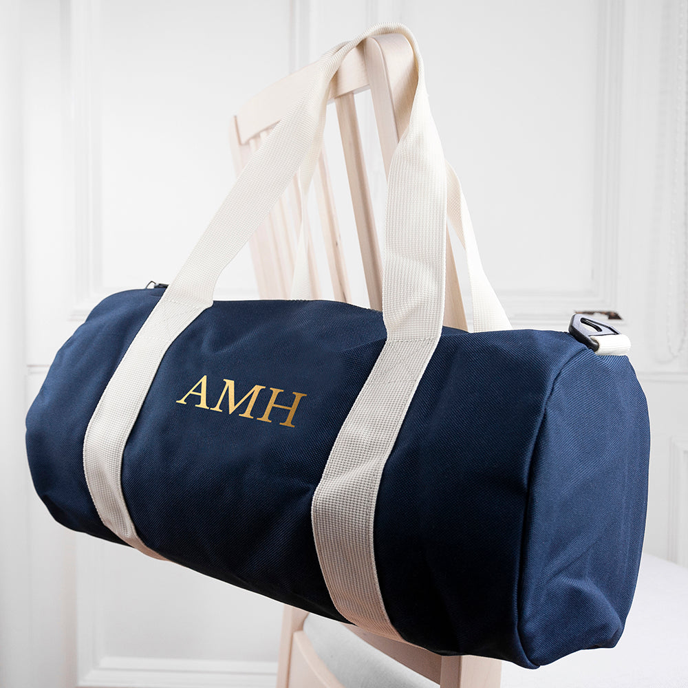 Monogrammed Barrel Gym Bag in Navy - treat-republic