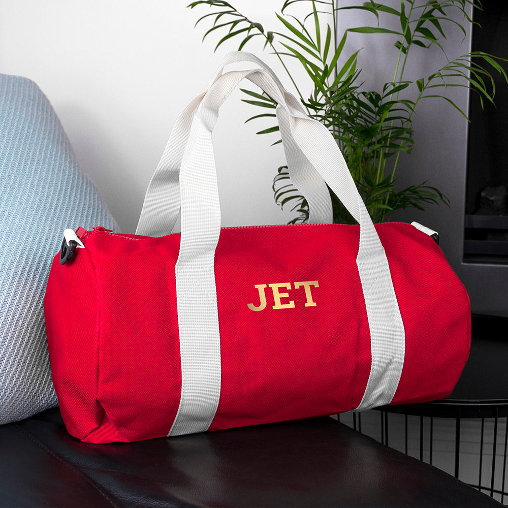 Monogrammed Barrel Gym Bag in Red - treat-republic