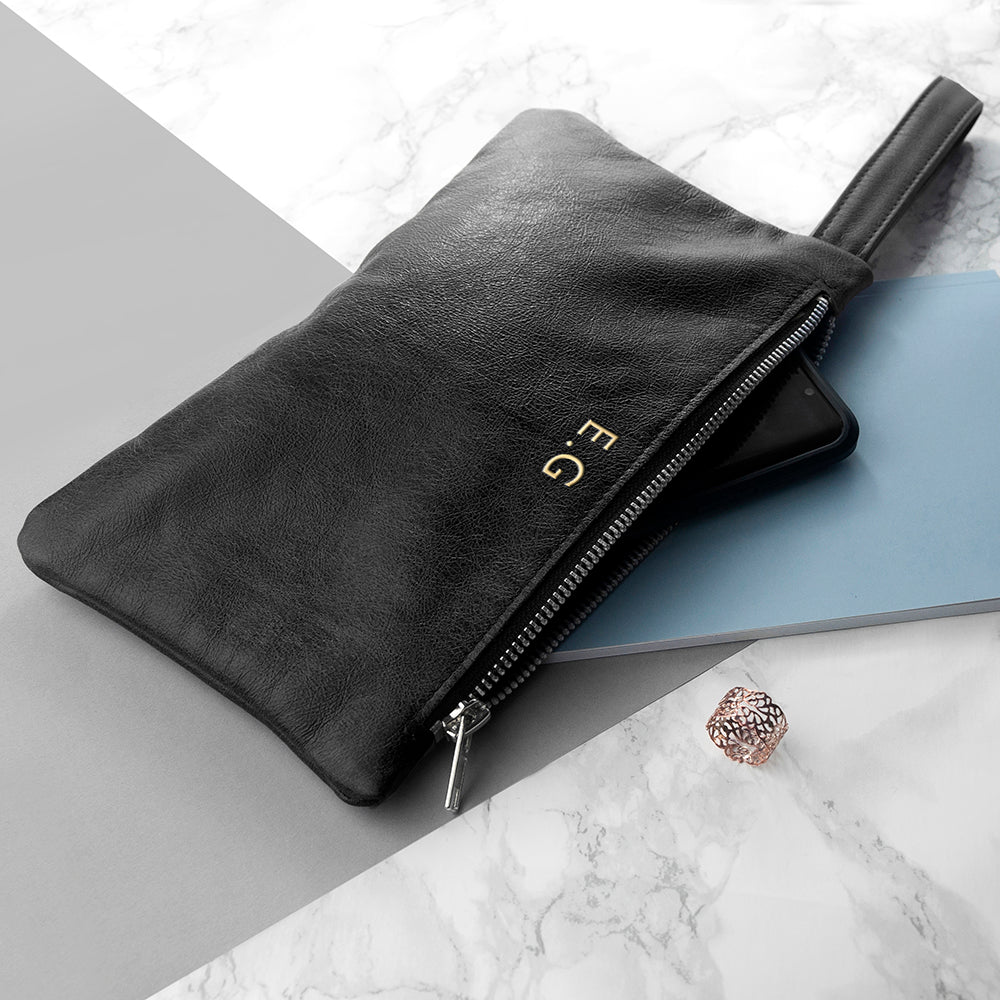 Monogrammed Black Leather Clutch Bag - treat-republic