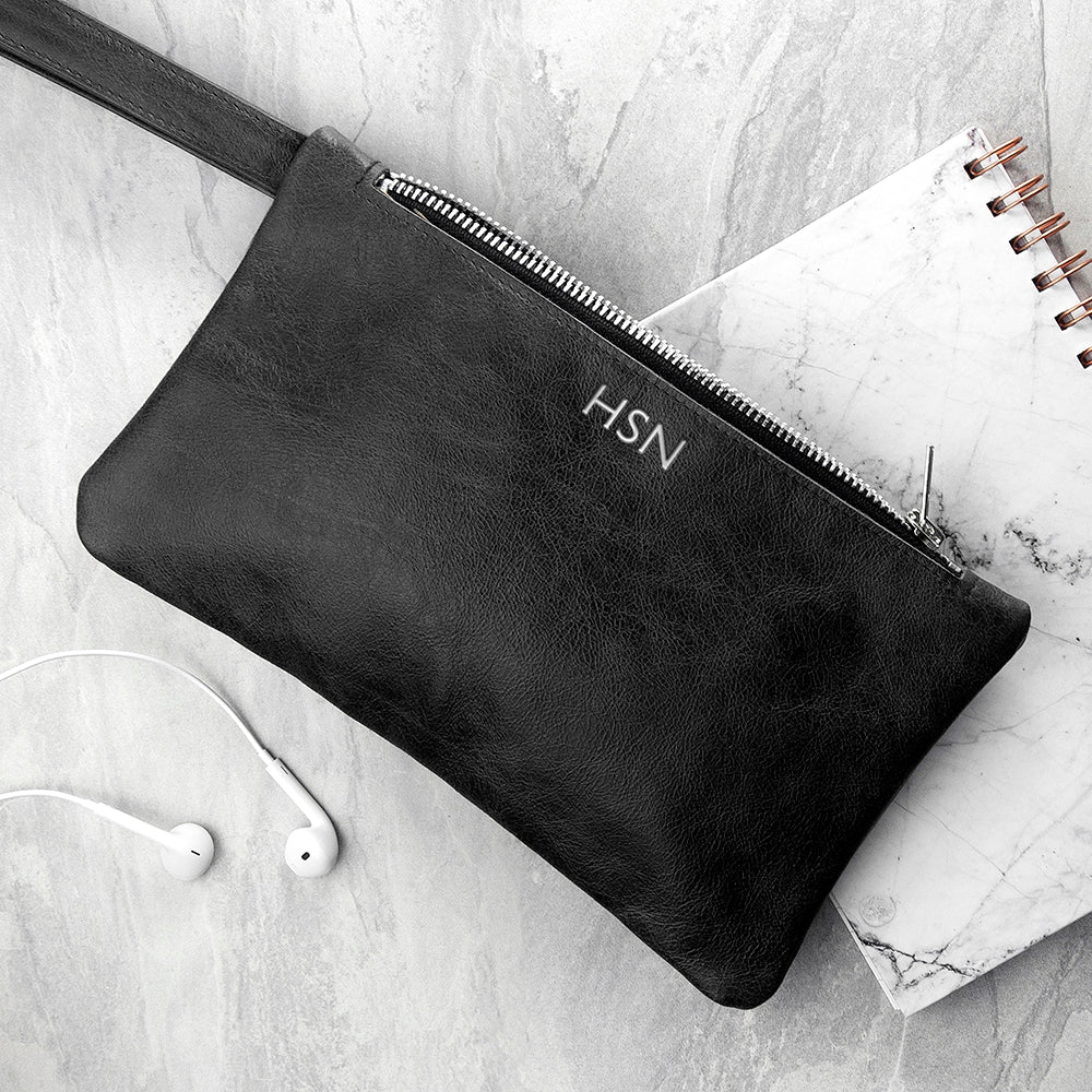 Monogrammed Black Leather Clutch Bag - treat-republic