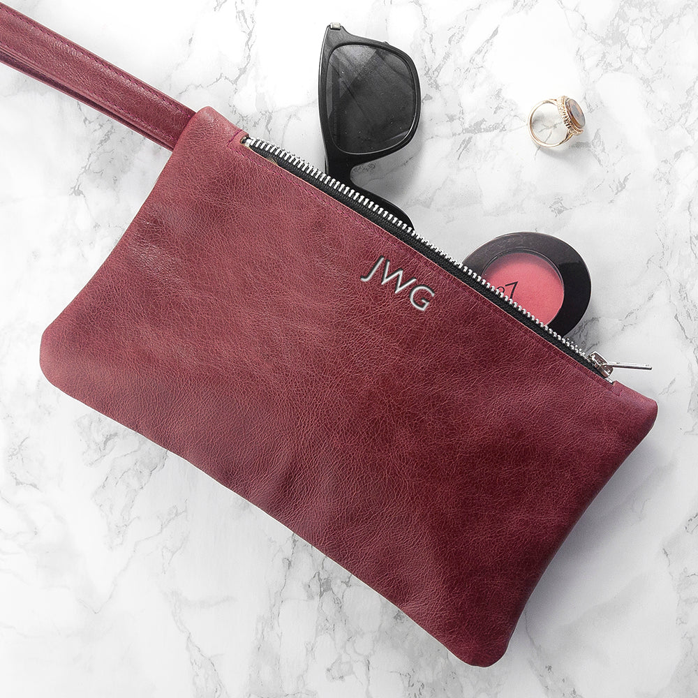 Monogrammed Burgundy Leather Clutch Bag - treat-republic