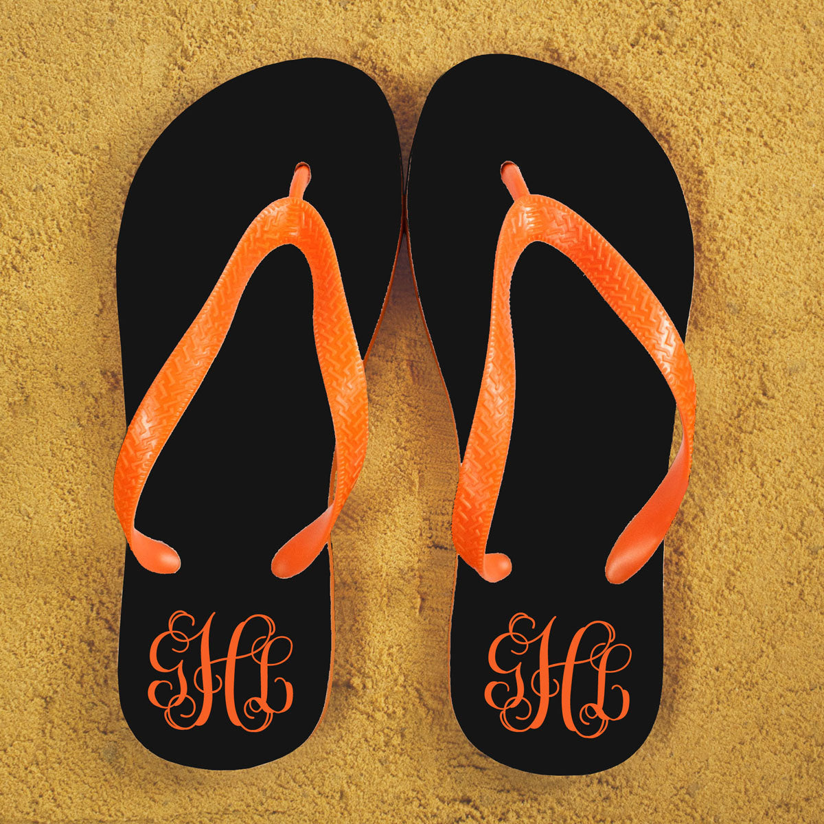 Monogrammed Flip Flops in Black and Orange - treat-republic
