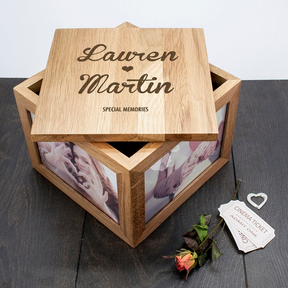 Oak Photo Keepsake Box Couple Name and Heart - treat-republic