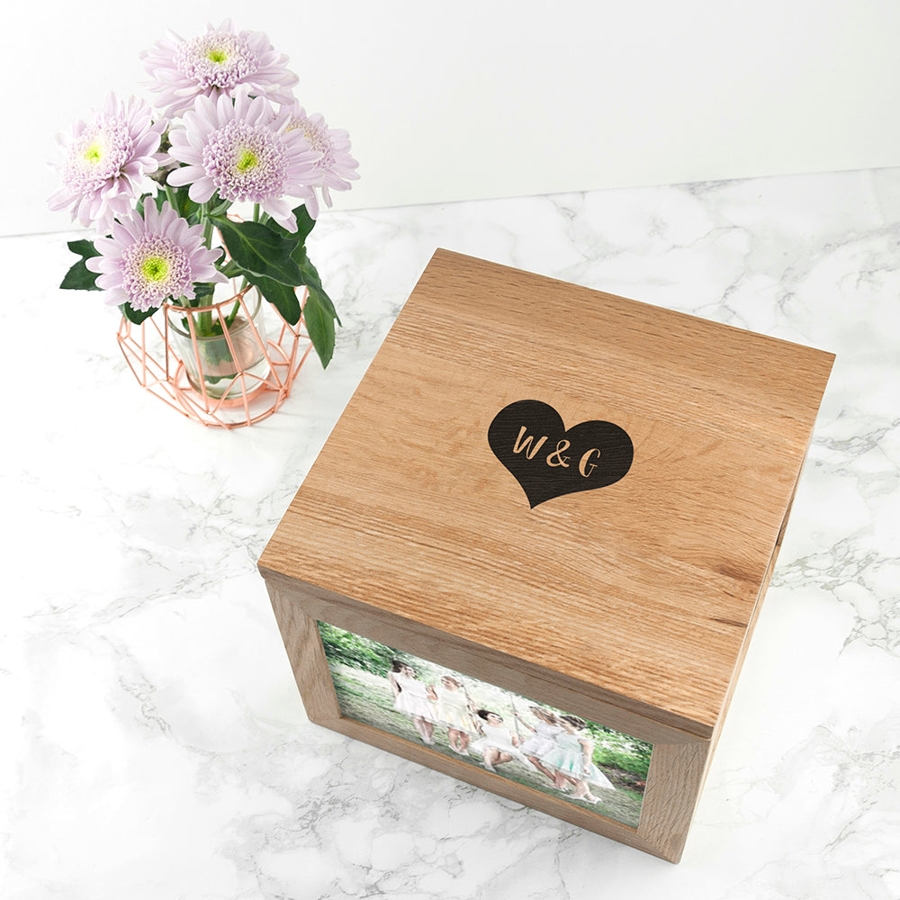 Oak Photo Keepsake Box with Initials - treat-republic