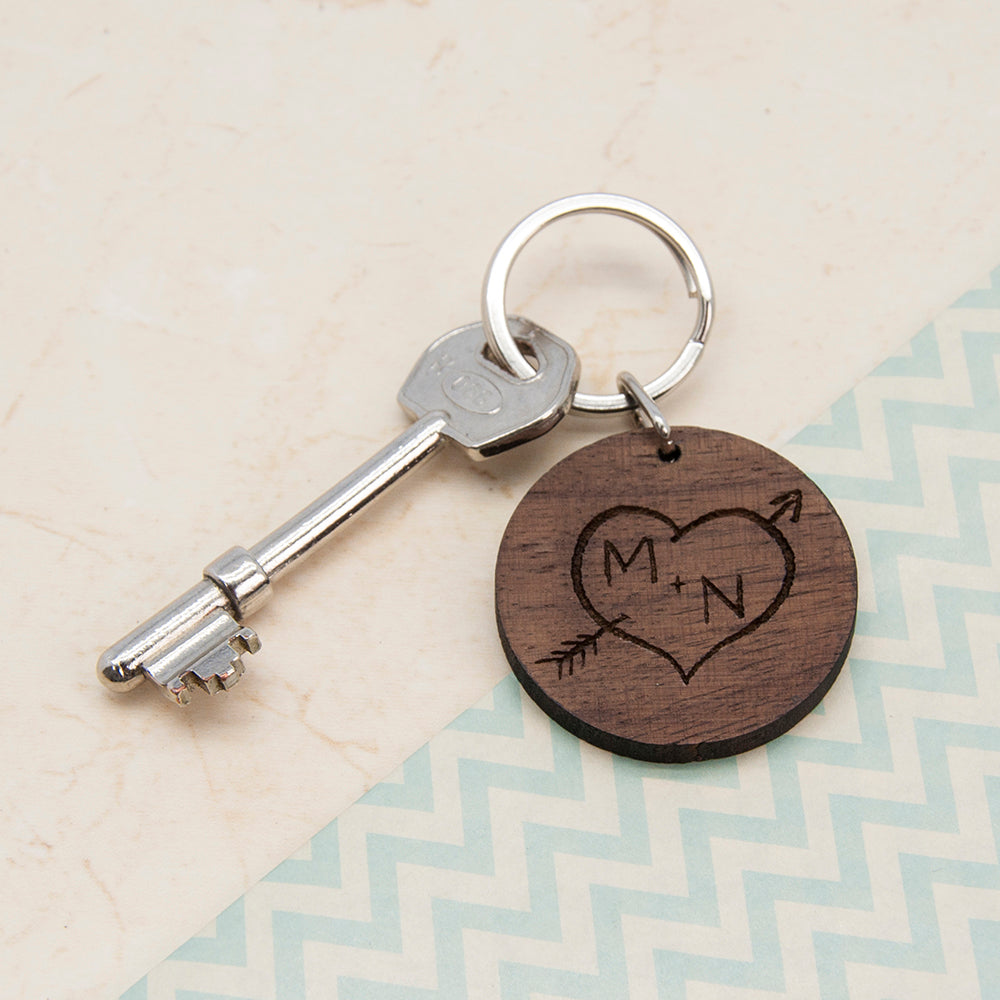 Carved Tree Round Wooden Keyring with Initials - treat-republic