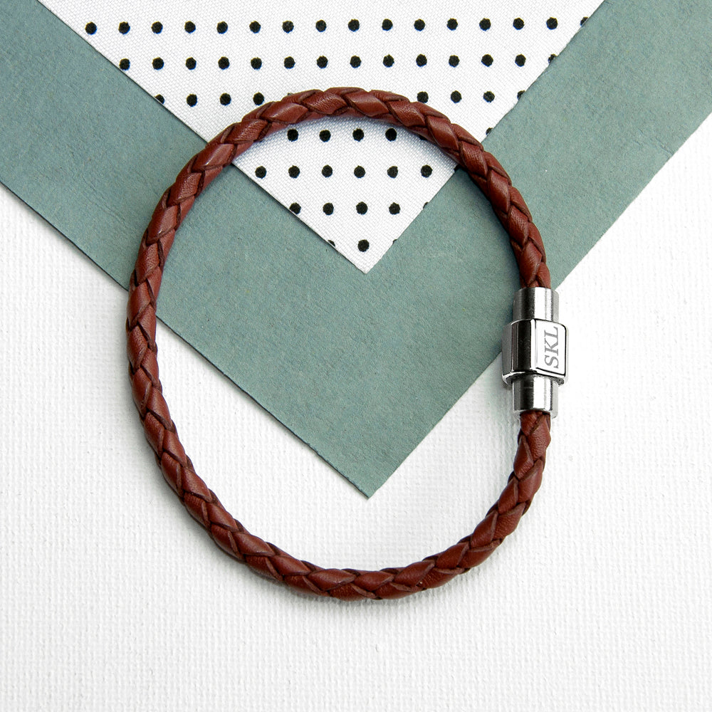 Personalised Men's Woven Leather Bracelet in Burnt Sienna - treat-republic