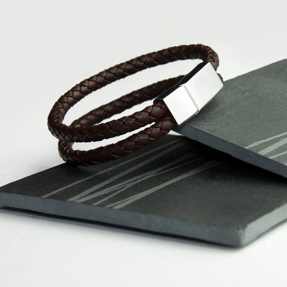 Personalised Men's Dual Leather Woven Bracelet In Umber - treat-republic