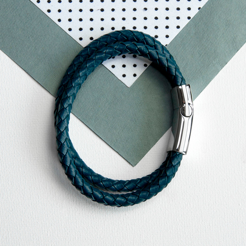 Personalised Men's Dual Leather Woven Bracelet in Teal - treat-republic