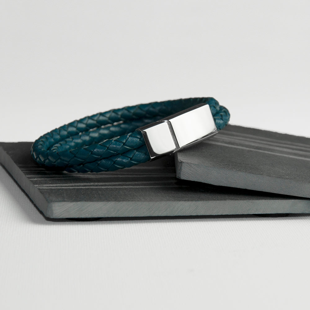 Personalised Men's Dual Leather Woven Bracelet in Teal - treat-republic