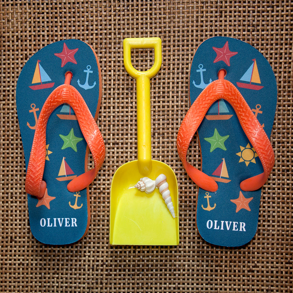 All The Fun At The Beach Child's Personalised Flip Flops In Navy - treat-republic
