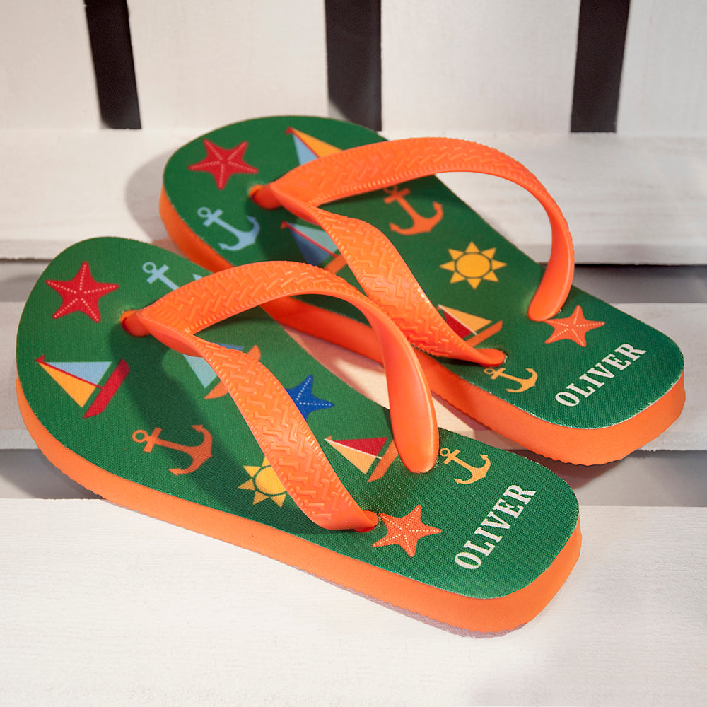 All The Fun At The Beach Child's Personalised Flip Flops In Green - treat-republic