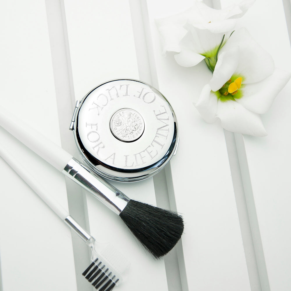 Personalised Silver Plated Lucky Sixpence Compact Mirror - treat-republic