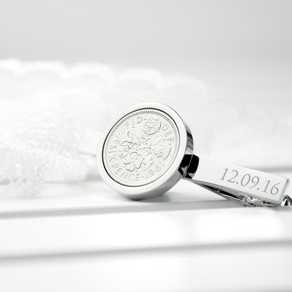 Personalised Silver Plated Lucky Sixpence Tie Clip - treat-republic