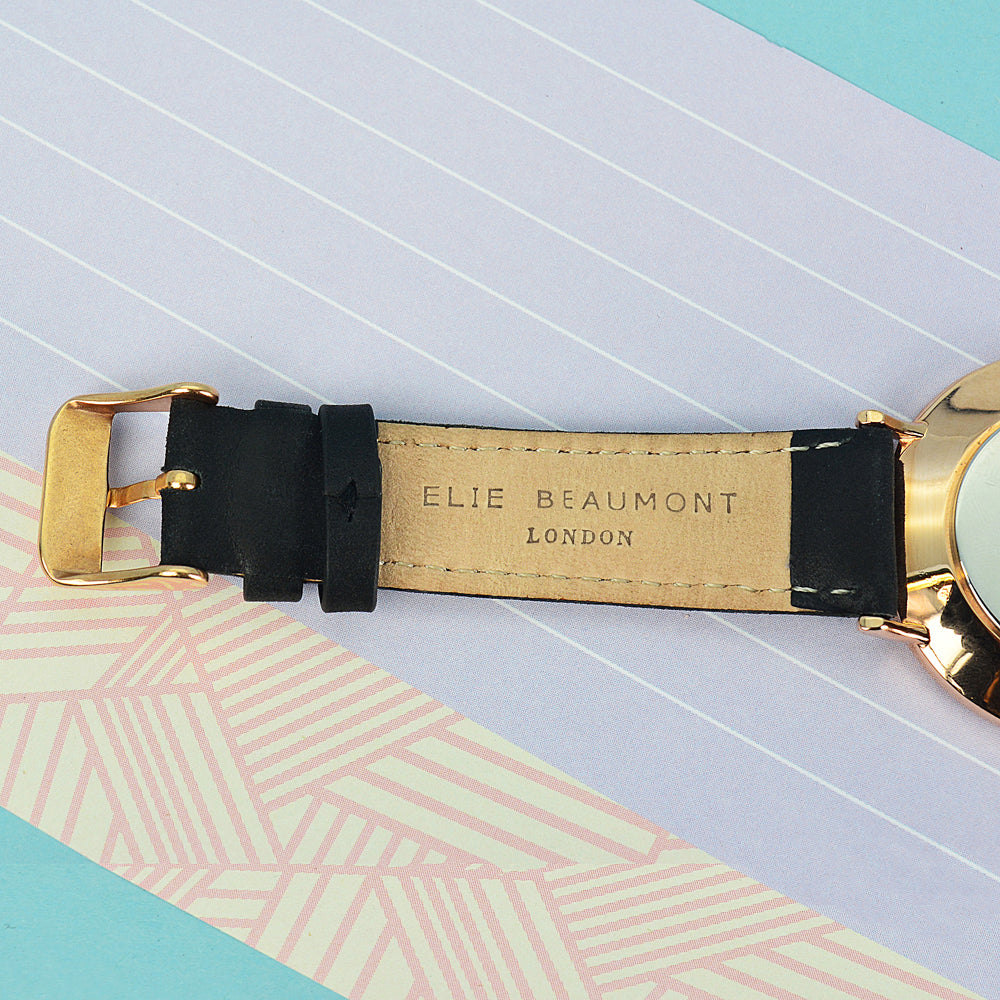 Elie Beaumont Ladies Personalised Leather Watch In Black With White Dial - treat-republic