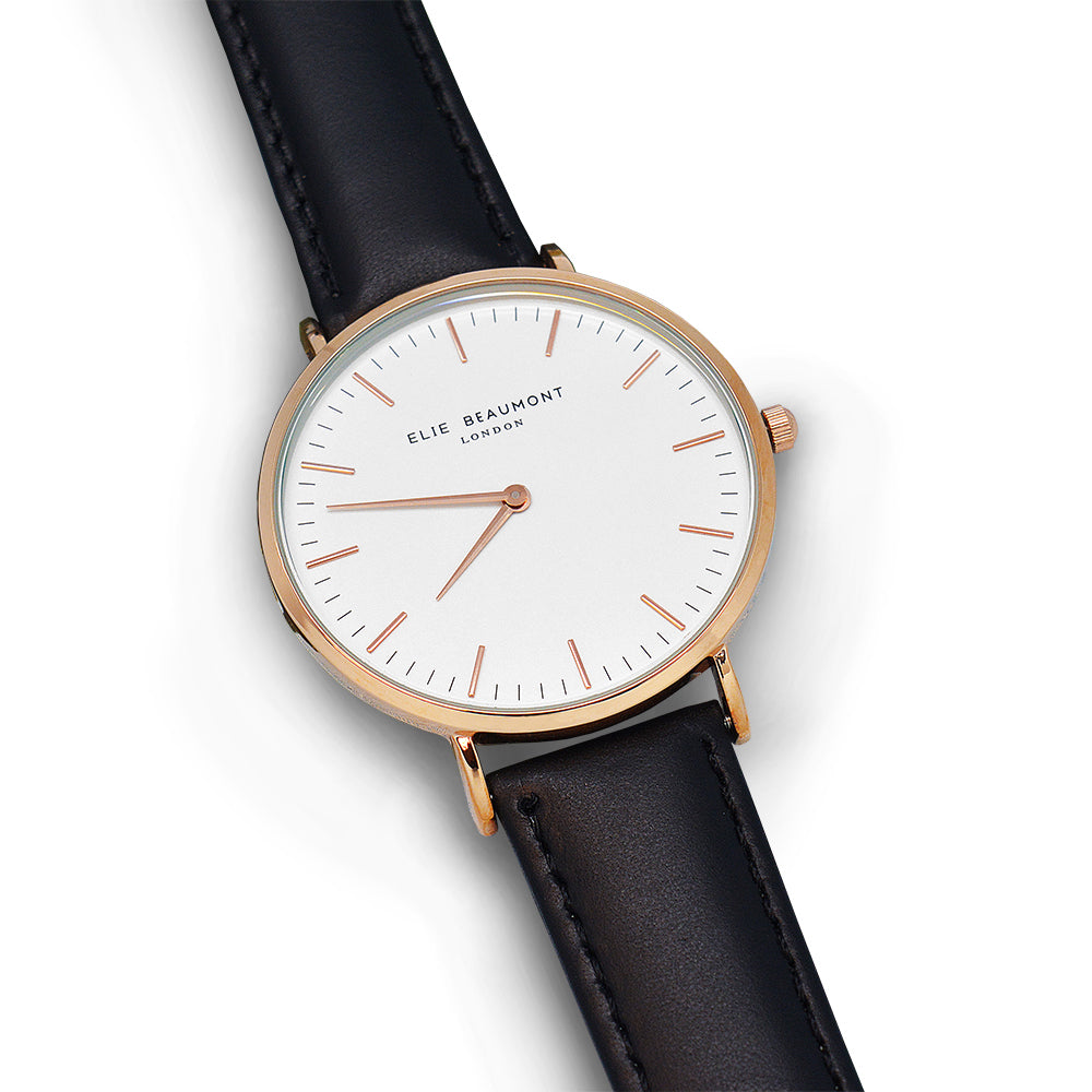 Elie Beaumont Ladies Personalised Leather Watch In Black With White Dial - treat-republic