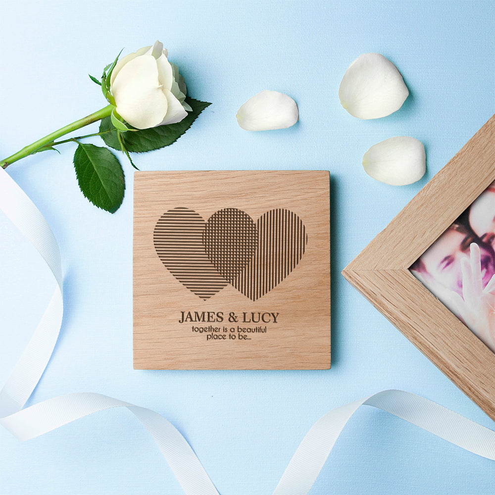 Personalised Heart Venn Diagram Oak Photo Cube - treat-republic