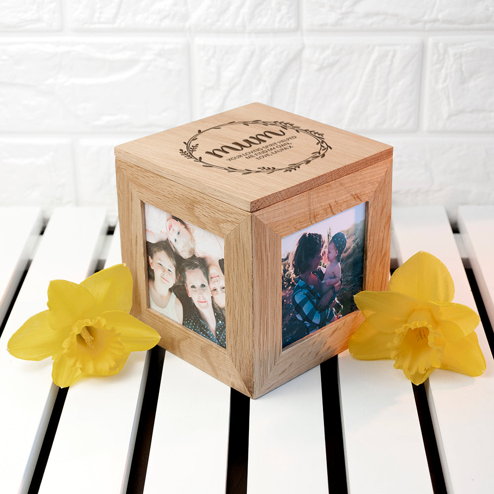 Personalised Wreath Mother's Day Oak Photo Cube - treat-republic