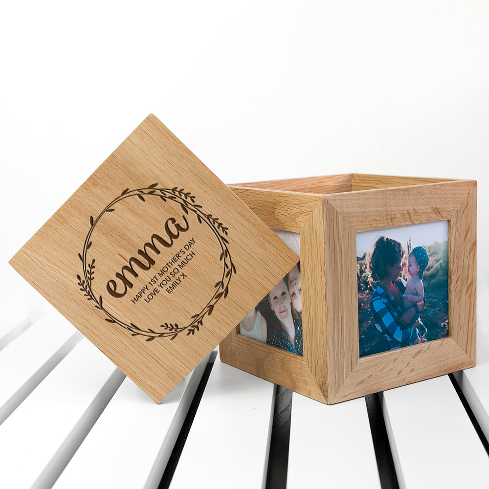 Personalised Wreath Mother's Day Oak Photo Cube - treat-republic