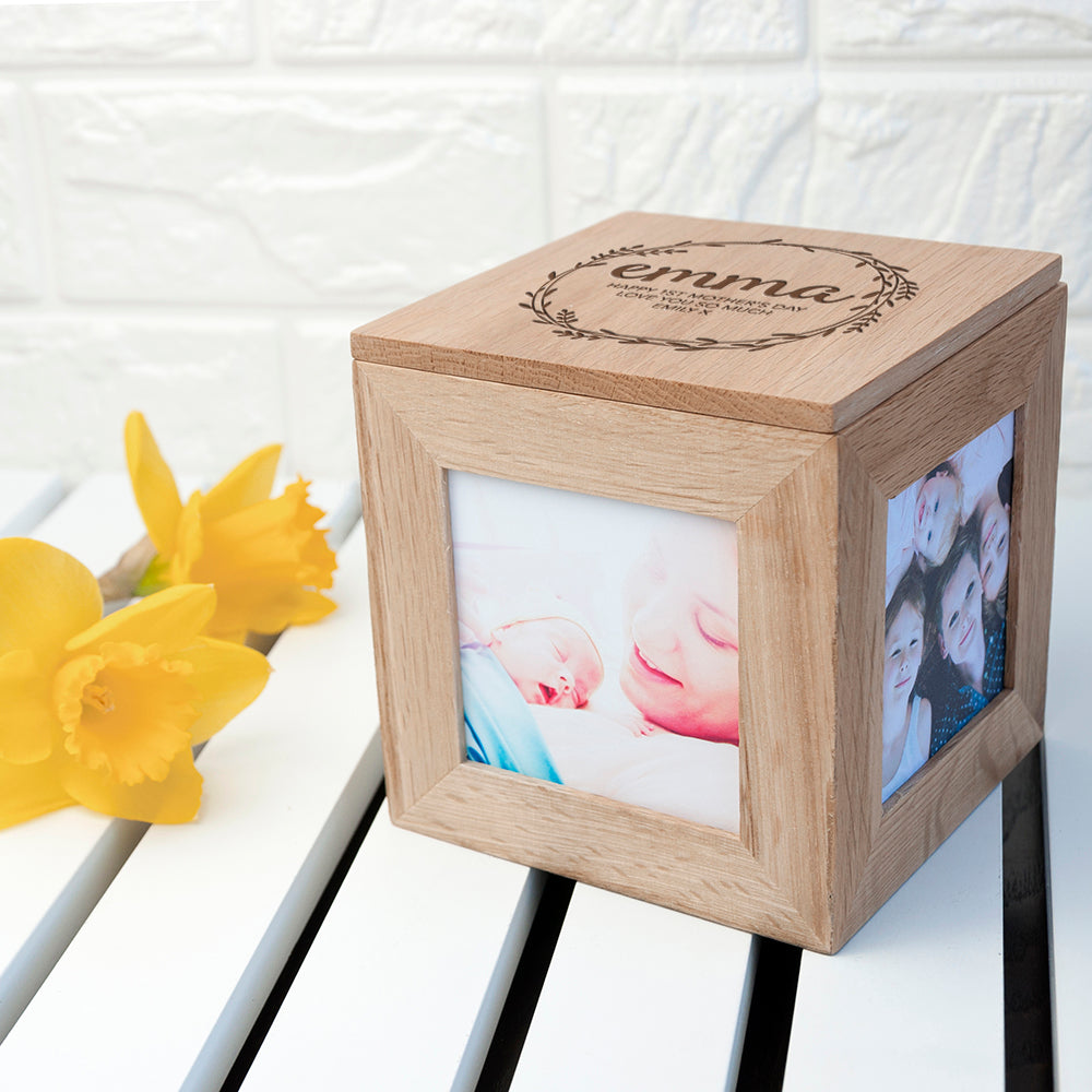 Personalised Wreath Mother's Day Oak Photo Cube - treat-republic