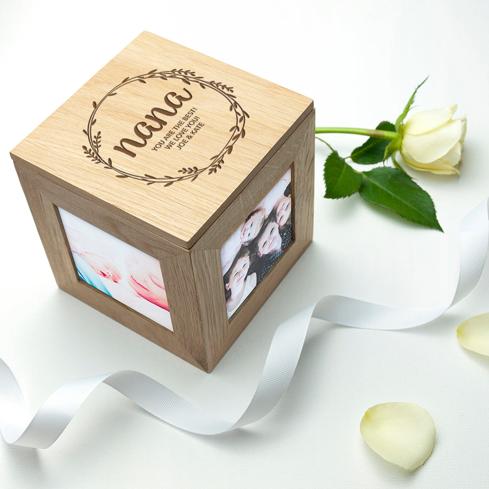 Personalised Wreath Mother's Day Oak Photo Cube - treat-republic