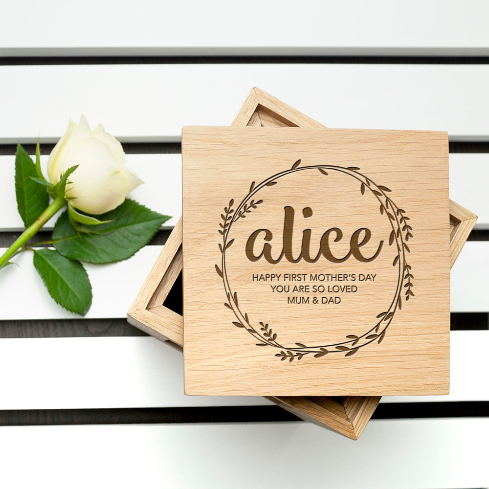 Personalised Wreath Mother's Day Oak Photo Cube - treat-republic