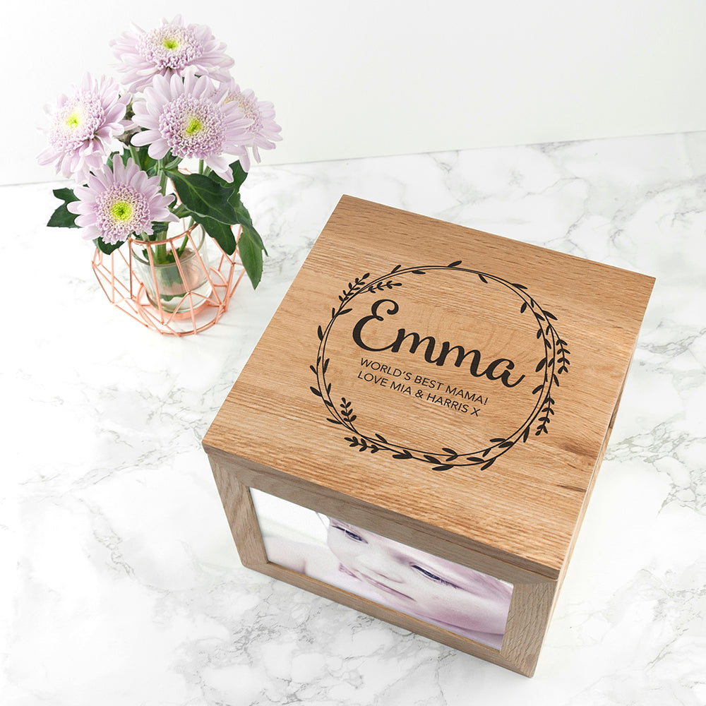 Personalised Wreath Mother's Day Large Oak Photo Cube - treat-republic
