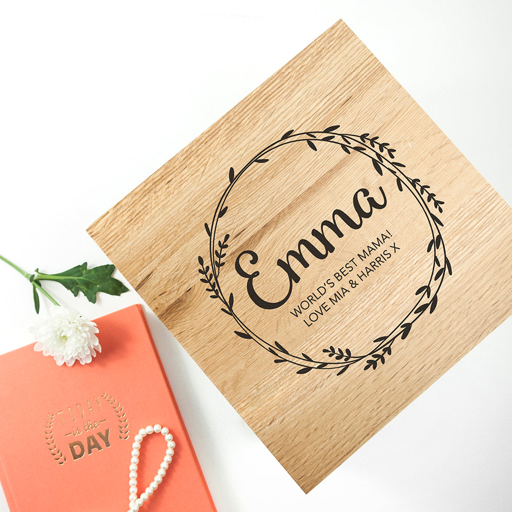 Personalised Wreath Mother's Day Large Oak Photo Cube - treat-republic
