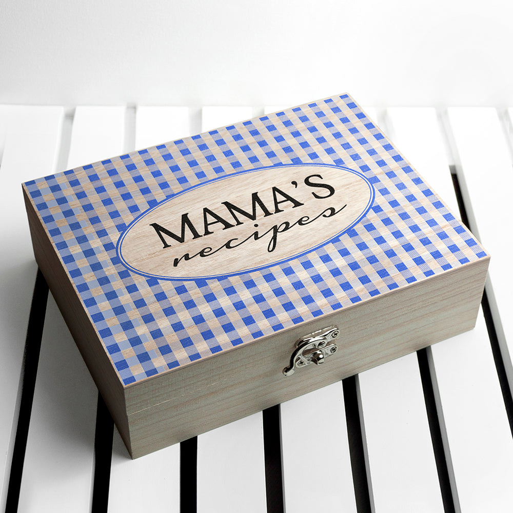 Personalised Gingham Blue Recipe Box - treat-republic