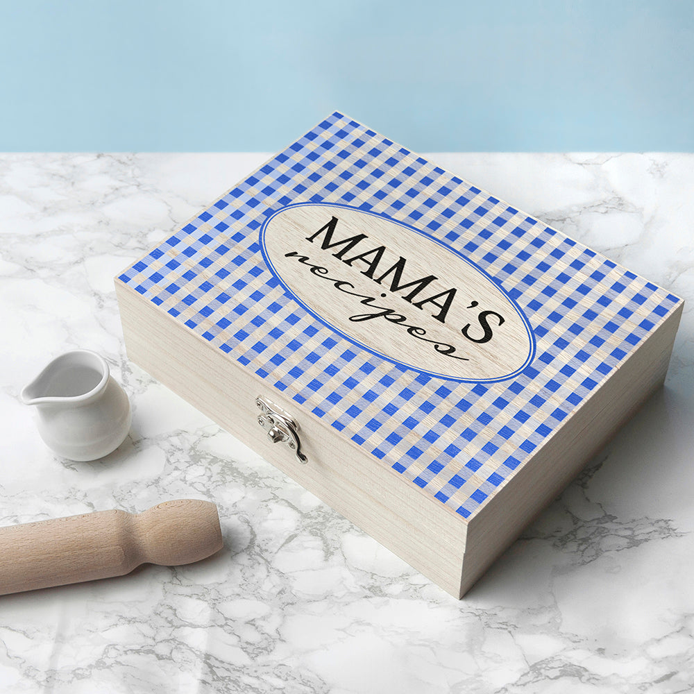 Personalised Gingham Blue Recipe Box - treat-republic