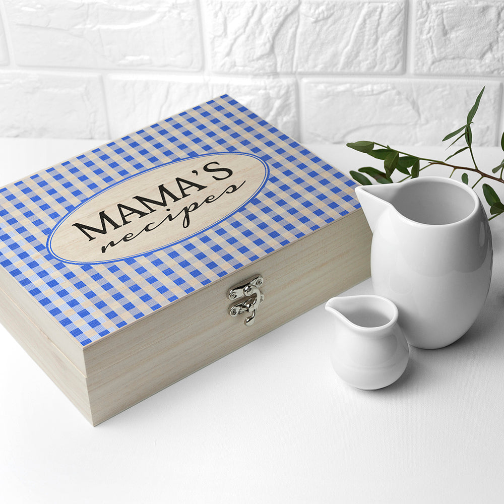 Personalised Gingham Blue Recipe Box - treat-republic