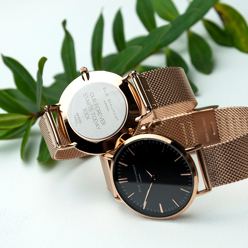 Elie Beaumont Personalised Ladies Rose Gold Mesh Strapped Watch With Black Dial - treat-republic
