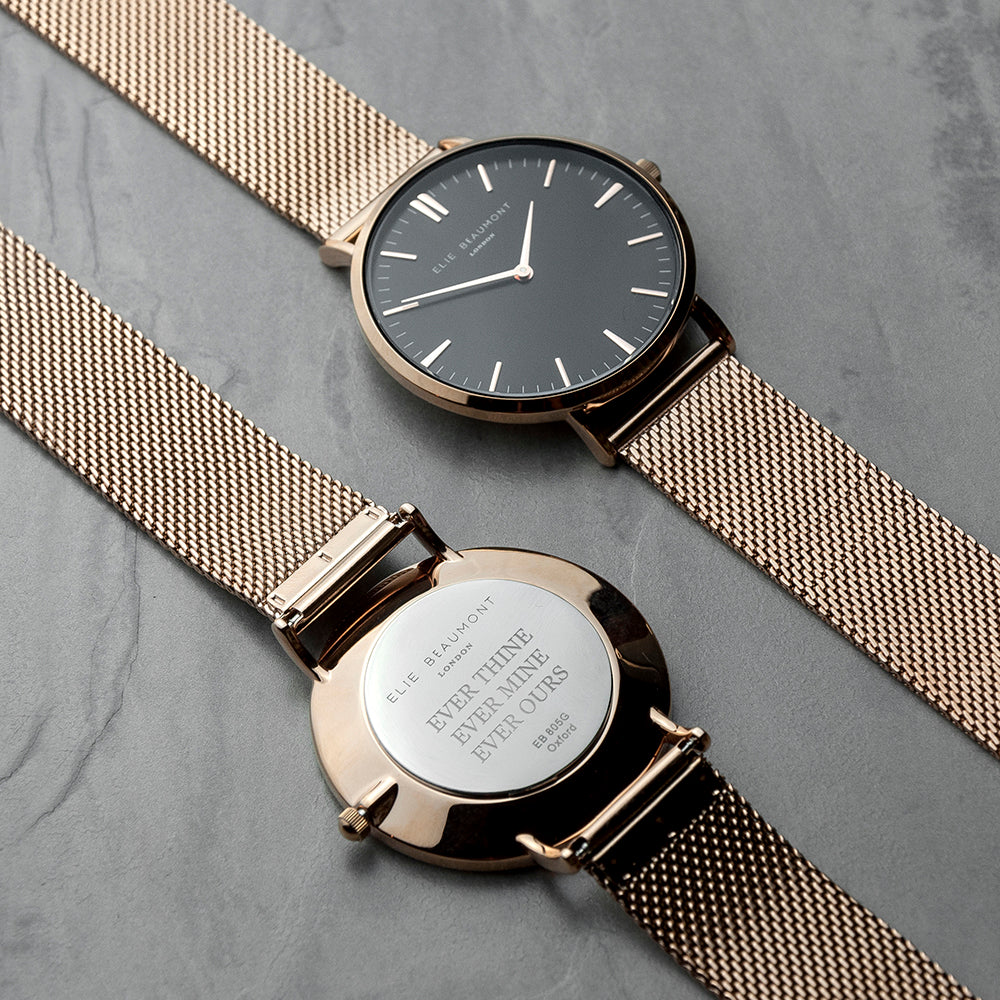 Elie Beaumont Personalised Ladies Rose Gold Mesh Strapped Watch With Black Dial - treat-republic