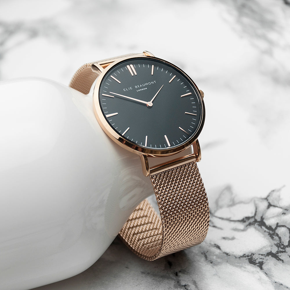 Elie Beaumont Personalised Ladies Rose Gold Mesh Strapped Watch With Black Dial - treat-republic