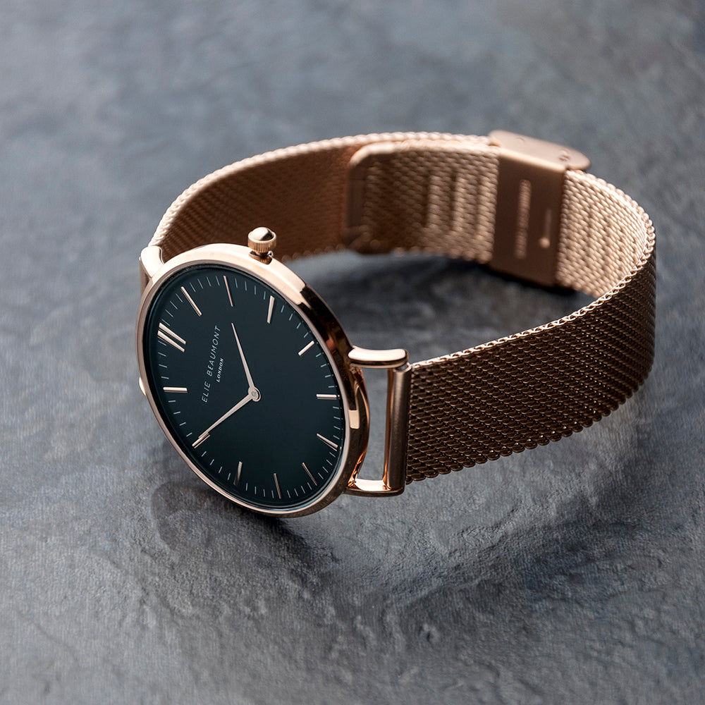 Elie Beaumont Personalised Ladies Rose Gold Mesh Strapped Watch With Black Dial - treat-republic