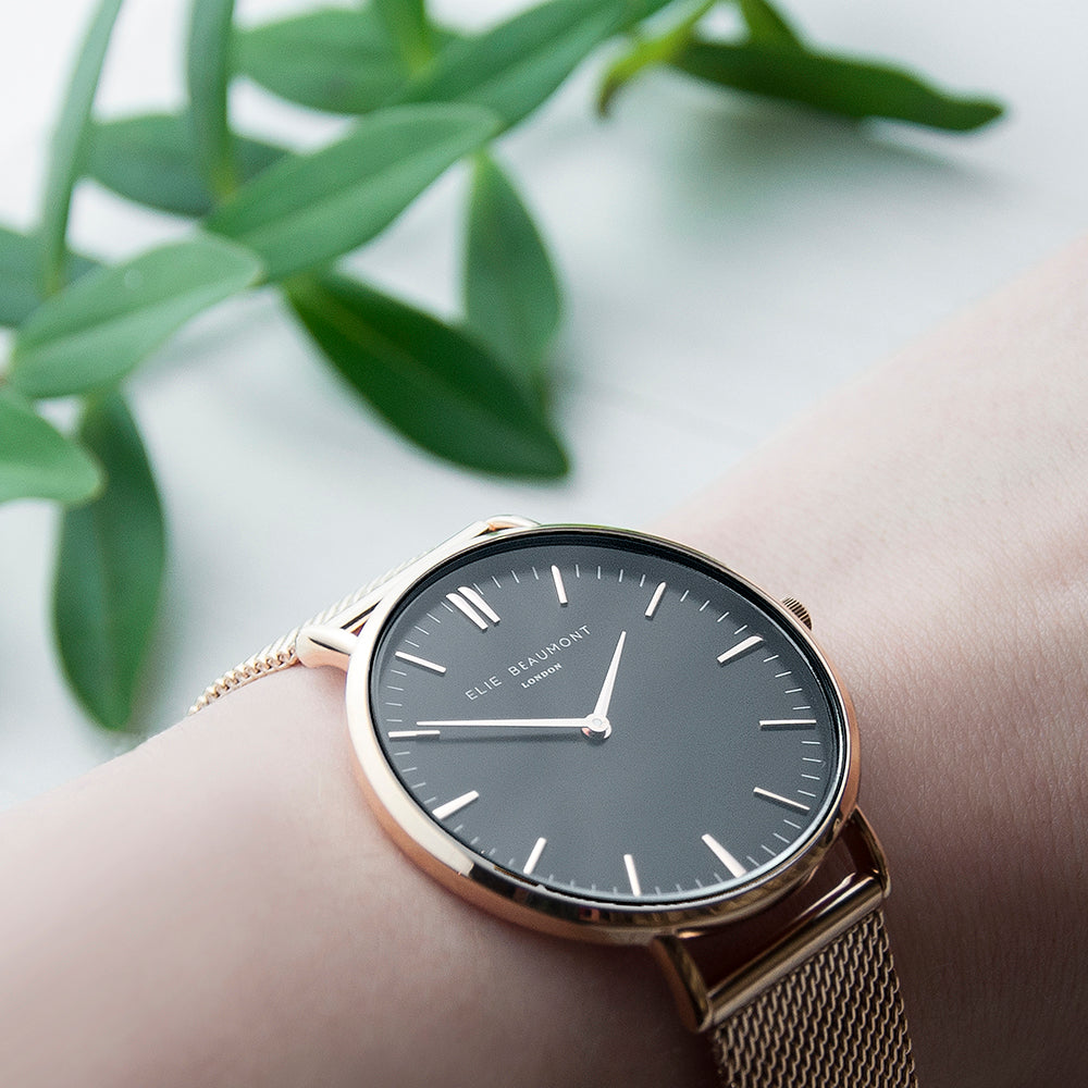 Elie Beaumont Personalised Ladies Rose Gold Mesh Strapped Watch With Black Dial - treat-republic