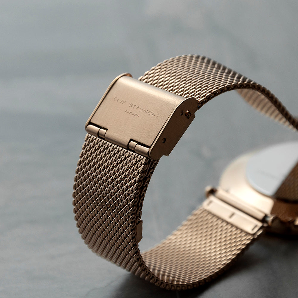 Elie Beaumont Personalised Ladies Rose Gold Mesh Strapped Watch With Black Dial - treat-republic