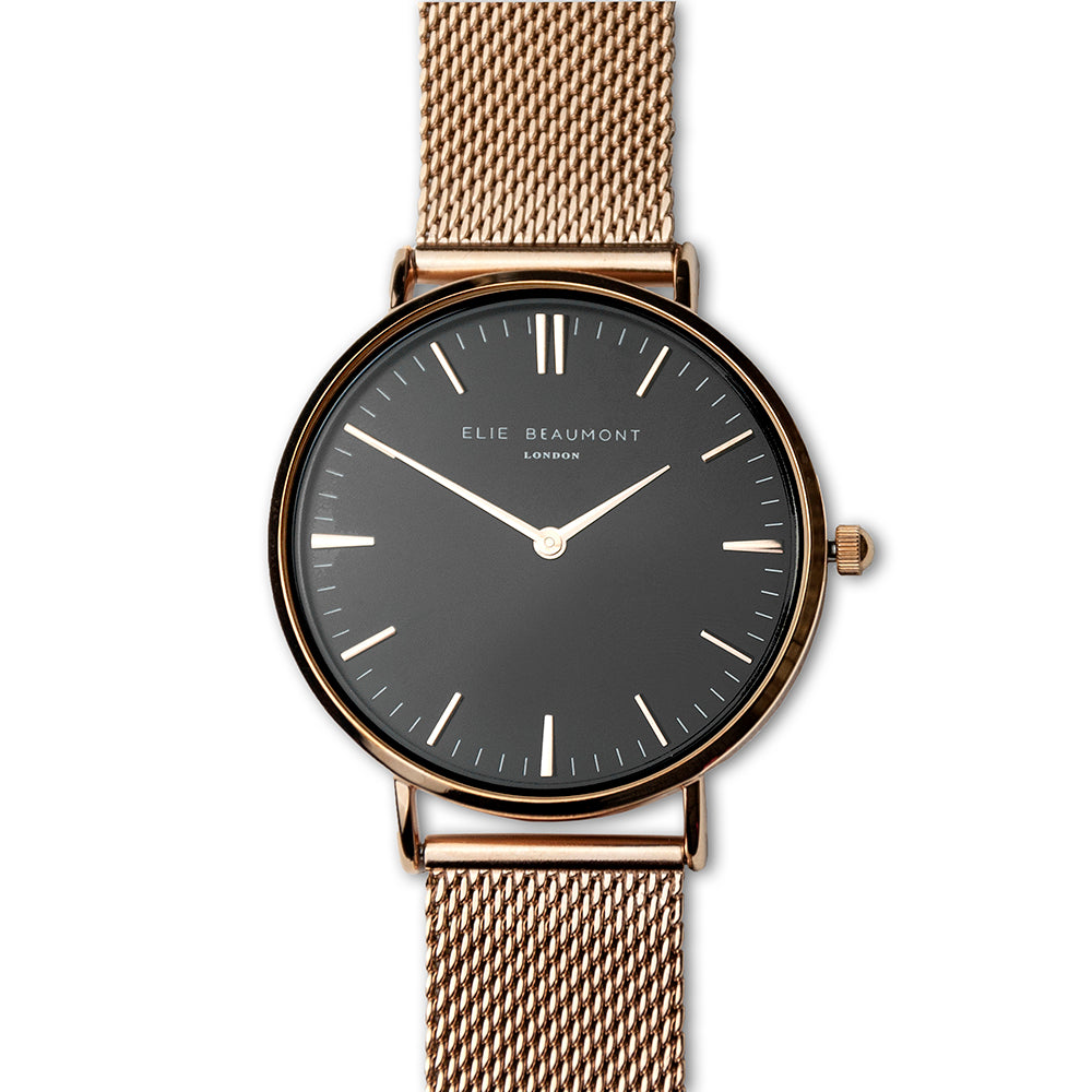 Elie Beaumont Personalised Ladies Rose Gold Mesh Strapped Watch With Black Dial - treat-republic